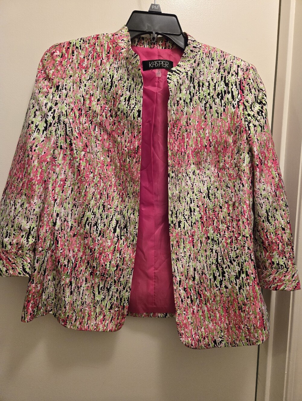 Kasper Abstract Pixel Floral Open Front Blazer Jacket Pink Green White Size 8